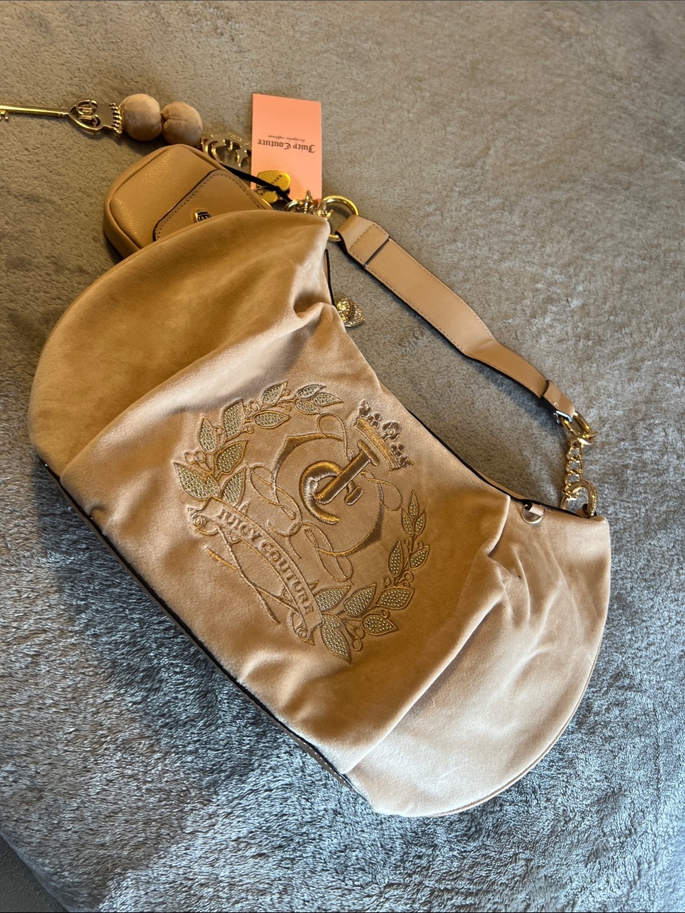 Juicy couture Tan Shoulder Hobo Bag with Embroidered Crest